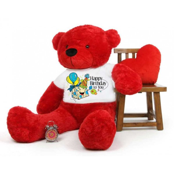 Red 5 feet Big Teddy Bear wearing a Happy Birthday To You T-shirt